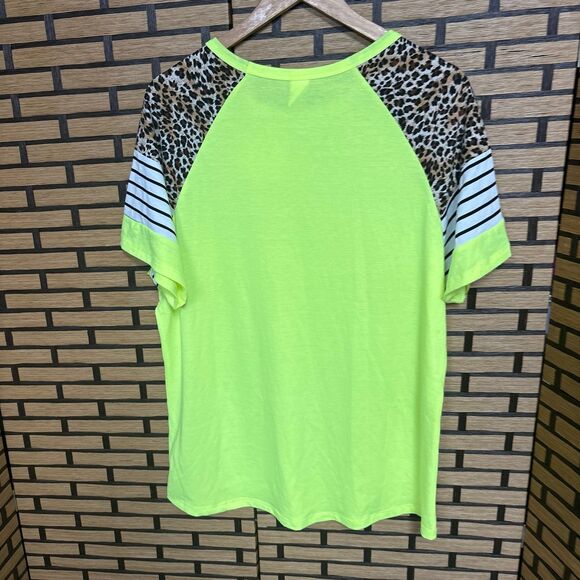 Sunshine & Rodeos Lime Green And Leopard Varsity Stripe Top Size XL - Picture 2 of 5